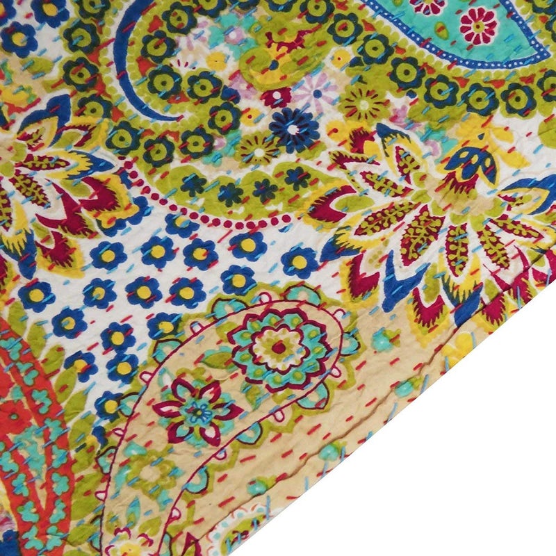 Textile art إبداعات الفن النسيجي إبداعات تقليدية عرقية قنطة هندية أغطية سرير قطنية زمرّديّة فواكه استوائية مخيطة يدويًا غطاء سرير بواسطة إبداعات الفن النسيجي إبداعات 90x108 بوصة - Image 2