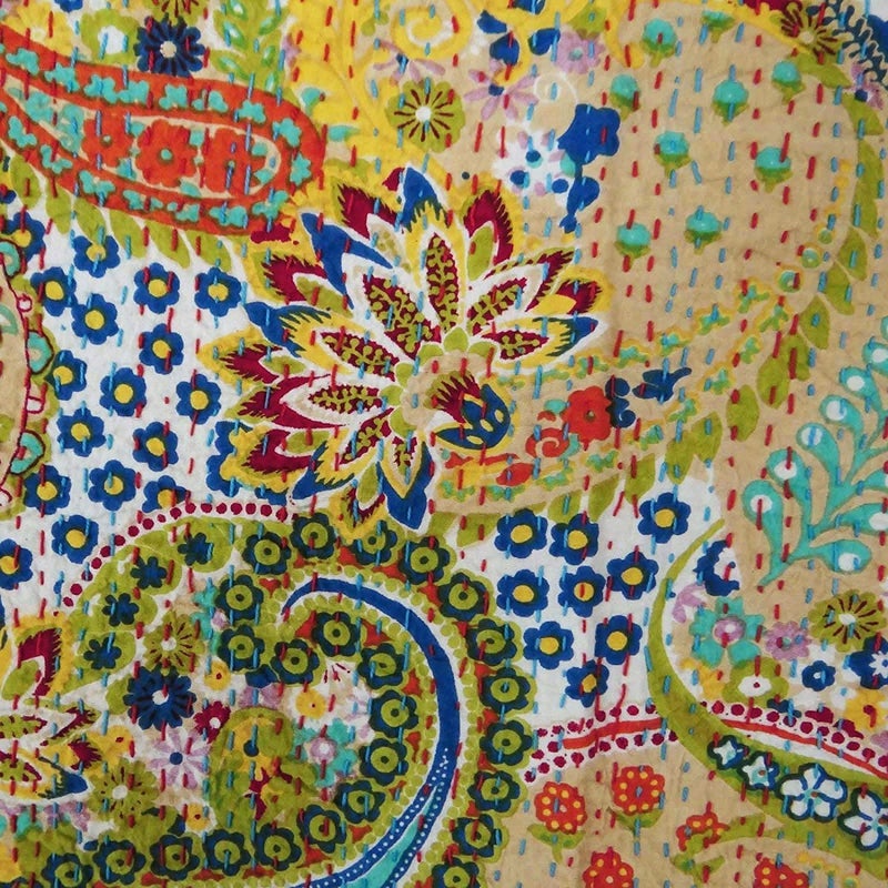 Textile art إبداعات الفن النسيجي إبداعات تقليدية عرقية قنطة هندية أغطية سرير قطنية زمرّديّة فواكه استوائية مخيطة يدويًا غطاء سرير بواسطة إبداعات الفن النسيجي إبداعات 90x108 بوصة - Image 4