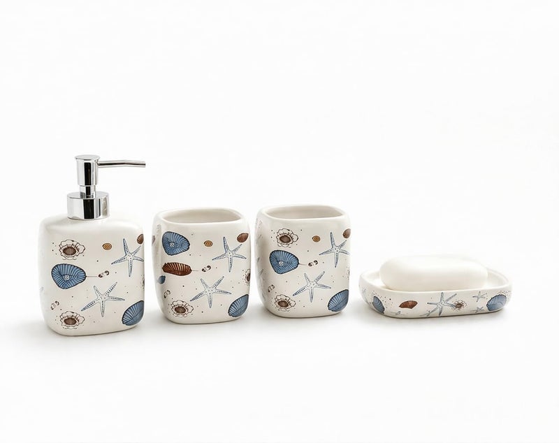 4 Piece Starfish Bathroom Set - Soap Dispenser, Brush Cup, Soap Dish, Summer Cheerful Decor Add A Touch Of Vitality To Bathroom - Image 1