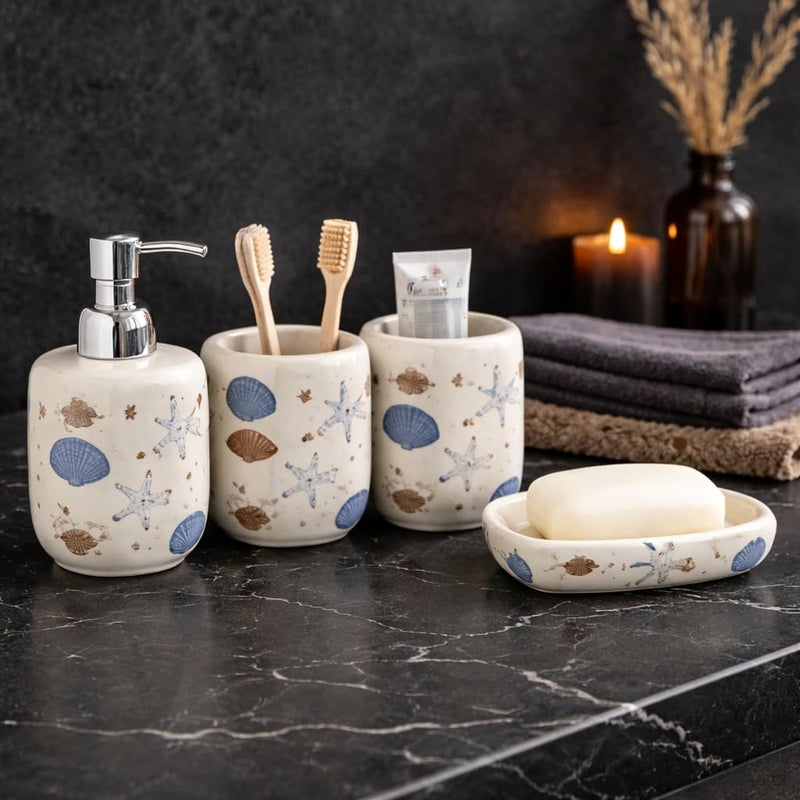 4 Piece Starfish Bathroom Set - Soap Dispenser, Brush Cup, Soap Dish, Summer Cheerful Decor Add A Touch Of Vitality To Bathroom - Image 3