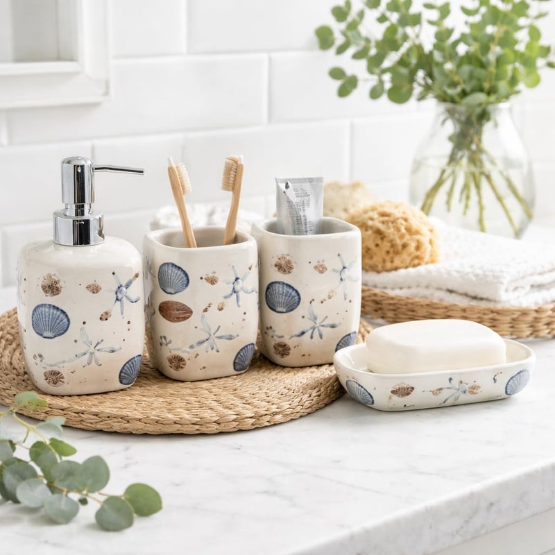 4 Piece Starfish Bathroom Set - Soap Dispenser, Brush Cup, Soap Dish, Summer Cheerful Decor Add A Touch Of Vitality To Bathroom - Image 2