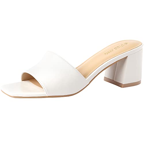 PIZZ ANNU Women's Square Open Toe Heels Sandals Low Block Chunky Heeled Sandal Slip on Mules Comfortable Casual Dress Pumps Shoes, Off White 8 - Image 1