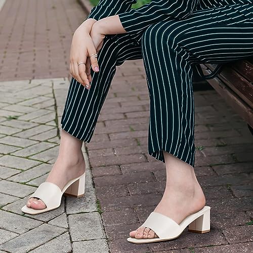 PIZZ ANNU Women's Square Open Toe Heels Sandals Low Block Chunky Heeled Sandal Slip on Mules Comfortable Casual Dress Pumps Shoes, Off White 8 - Image 4