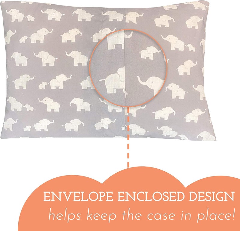 Little Sleepy Head Youth Pillowcase 16 x 22 - 100% Cotton Hypoallergenic with Happy Elephants Design in Gray - Image 3