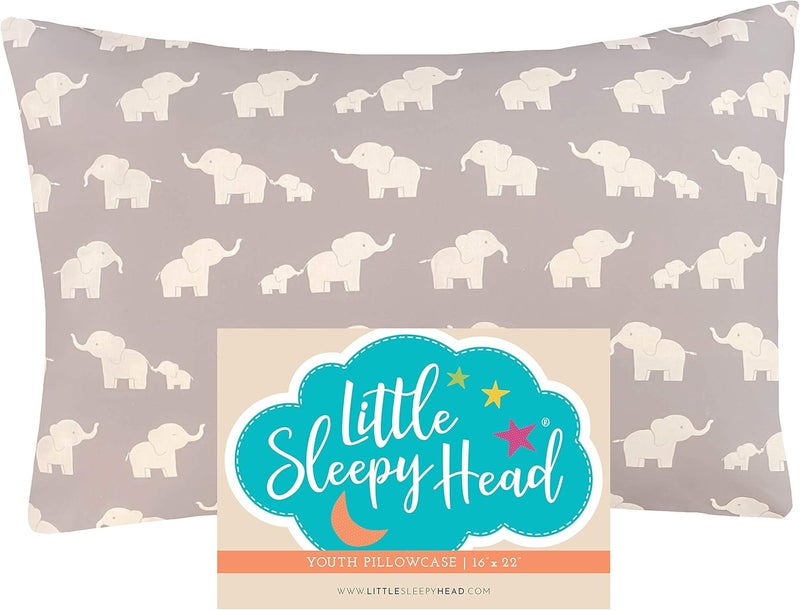 Little Sleepy Head Youth Pillowcase 16 x 22 - 100% Cotton Hypoallergenic with Happy Elephants Design in Gray - Image 1