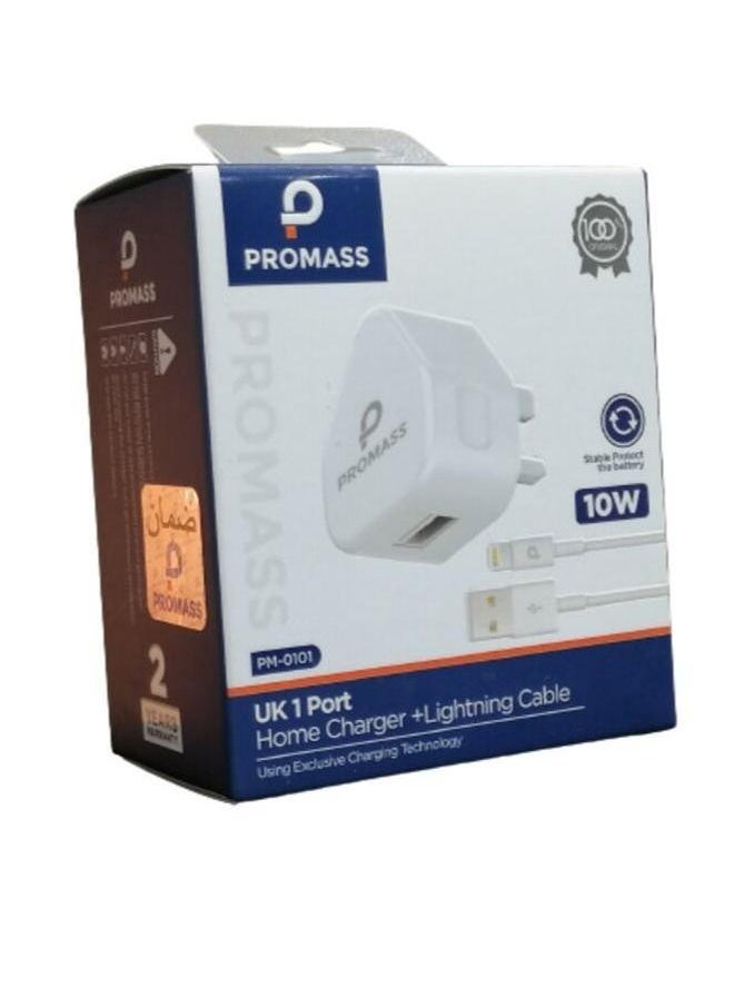 PROMASS - Original Wall Charger Supports Fast Charging USB Port 10W With 1 Meter Lightning Cable For IPhone Devices From Promas, White Color - Image 1