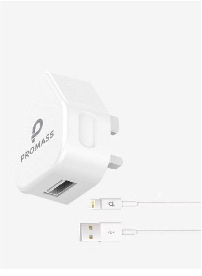 PROMASS - Original Wall Charger Supports Fast Charging USB Port 10W With 1 Meter Lightning Cable For IPhone Devices From Promas, White Color - Image 1