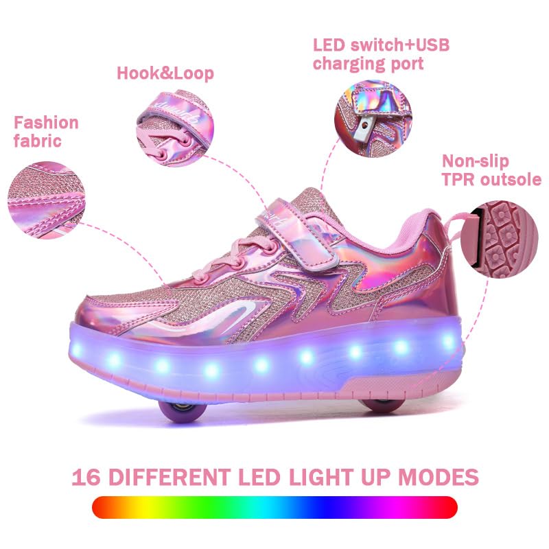 Wooowyet LED Roller Skate Shoes for Kids Boys Girls Light Up Fashion Sneakers Wheels Wheeled USB Rechargeable Hook&Loop Shiny Pink Little Kids Size 12 - Image 3