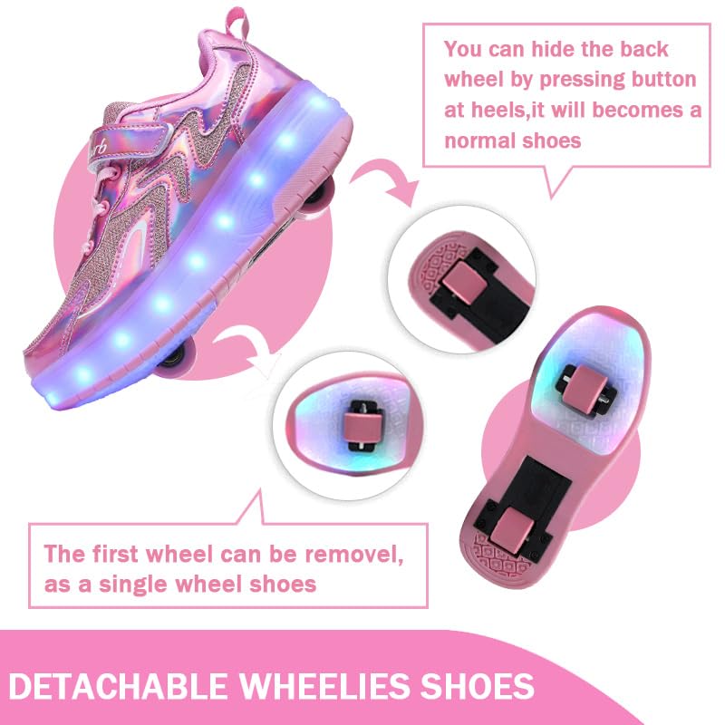 Wooowyet LED Roller Skate Shoes for Kids Boys Girls Light Up Fashion Sneakers Wheels Wheeled USB Rechargeable Hook&Loop Shiny Pink Little Kids Size 12 - Image 4