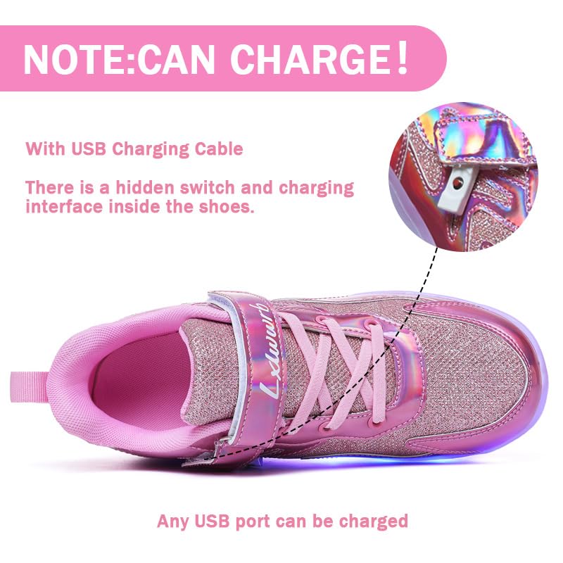 Wooowyet LED Roller Skate Shoes for Kids Boys Girls Light Up Fashion Sneakers Wheels Wheeled USB Rechargeable Hook&Loop Shiny Pink Little Kids Size 12 - Image 5