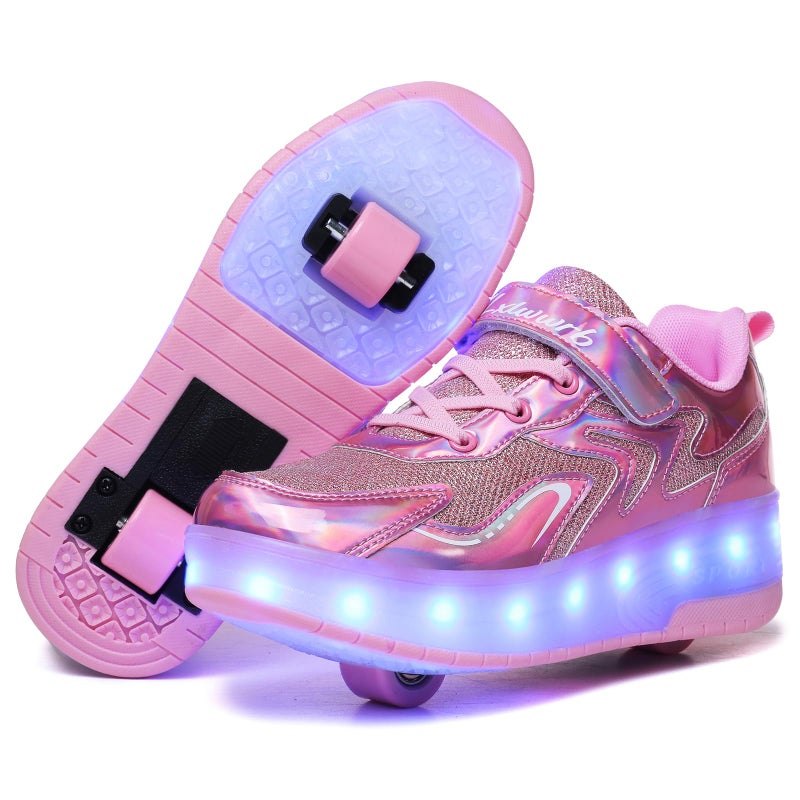 Wooowyet LED Roller Skate Shoes for Kids Boys Girls Light Up Fashion Sneakers Wheels Wheeled USB Rechargeable Hook&Loop Shiny Pink Little Kids Size 12 - Image 1