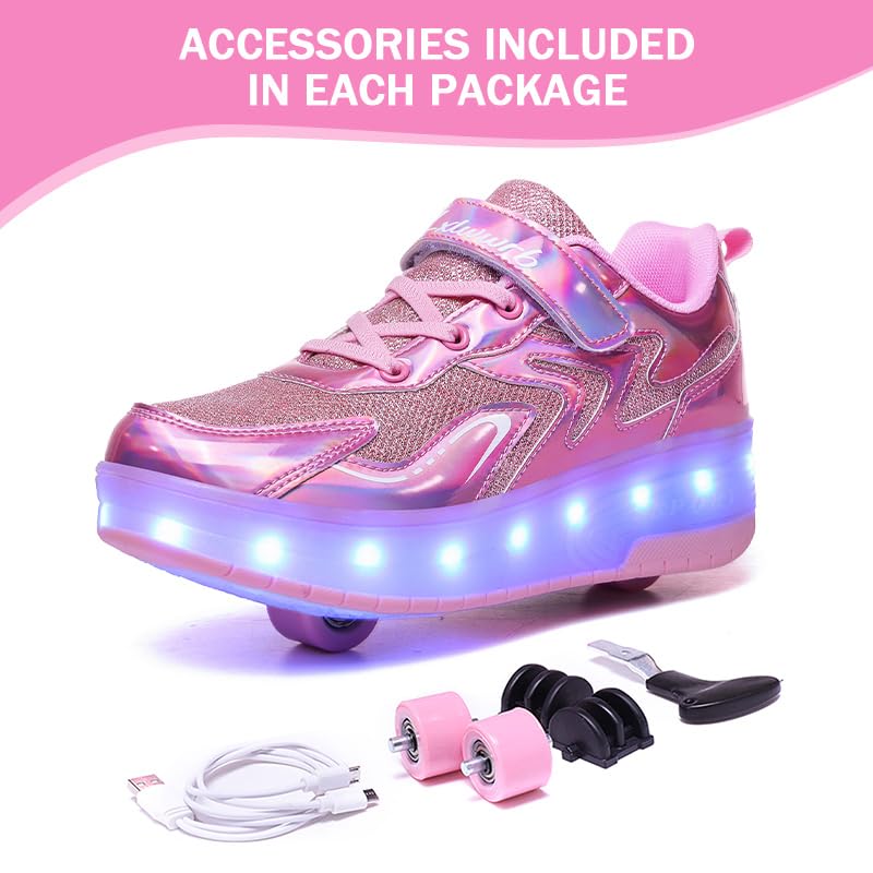 Wooowyet LED Roller Skate Shoes for Kids Boys Girls Light Up Fashion Sneakers Wheels Wheeled USB Rechargeable Hook&Loop Shiny Pink Little Kids Size 12 - Image 2