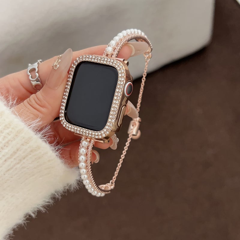 Golden Double Row Diamond Inlaid Pearl Bracelet Strap For Apple Watch 38 40 41 42mm - Image 4
