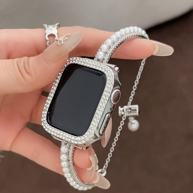 Golden Double Row Diamond Inlaid Pearl Bracelet Strap For Apple Watch 38 40 41 42mm - Image 1