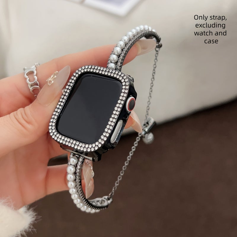 Golden Double Row Diamond Inlaid Pearl Bracelet Strap For Apple Watch 38 40 41 42mm - Image 5