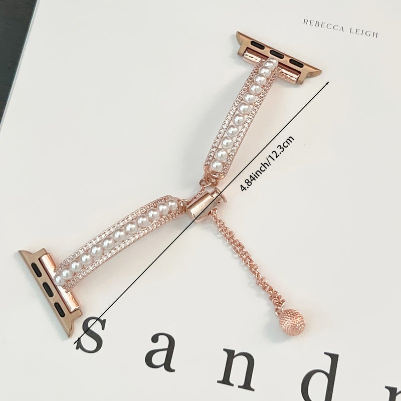 Golden Double Row Diamond Inlaid Pearl Bracelet Strap For Apple Watch 38 40 41 42mm - Image 2
