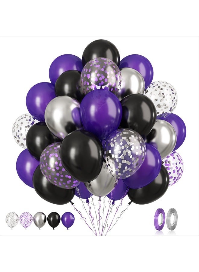 Biapian Purple Black Balloons Set, 60 PCS Black Purple Silver Birthday Balloons, Metallic Silver Purple Confetti Balloons Black and Purple Latex Balloons for Birthday Wedding Graduations Party Decorations - Image 1