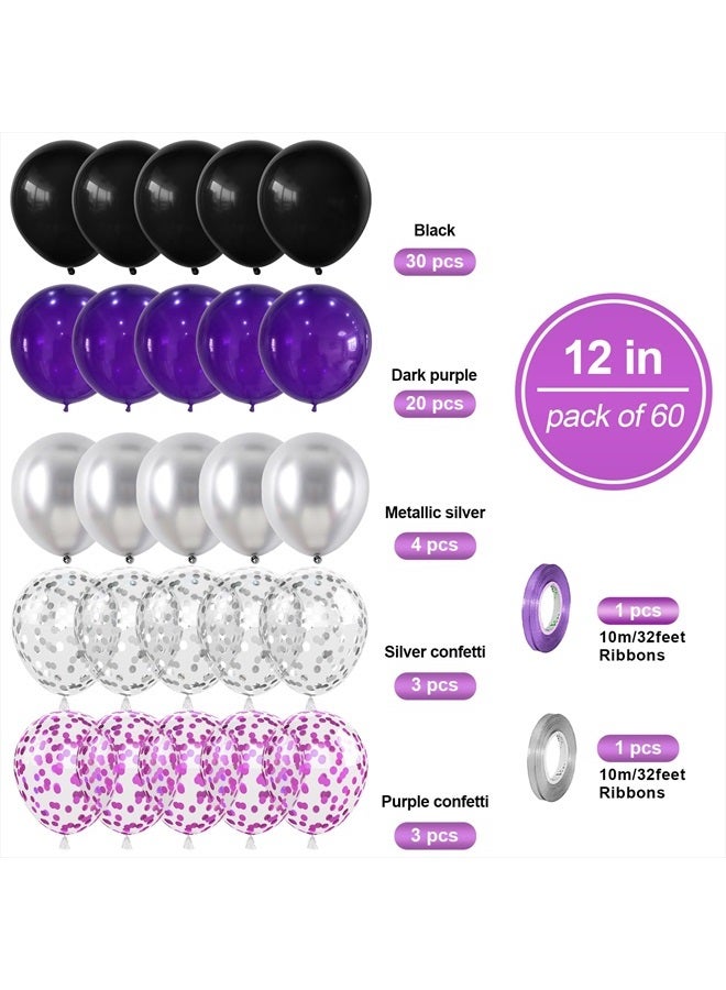 Biapian Purple Black Balloons Set, 60 PCS Black Purple Silver Birthday Balloons, Metallic Silver Purple Confetti Balloons Black and Purple Latex Balloons for Birthday Wedding Graduations Party Decorations - Image 2