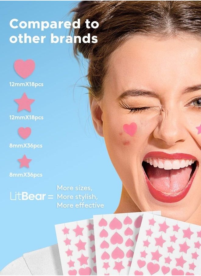 LitBear - Acne Patch Pimple Patch, Pink Heart & Star Shaped Absorbing Cover Hydrocolloid Patches For Face Zit, Acne Dots, Tea Tree Oil + Centella (108 Count (Pack of 1)) - Image 1