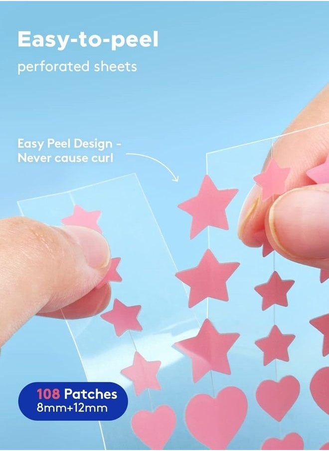 LitBear - Acne Patch Pimple Patch, Pink Heart & Star Shaped Absorbing Cover Hydrocolloid Patches For Face Zit, Acne Dots, Tea Tree Oil + Centella (108 Count (Pack of 1)) - Image 1