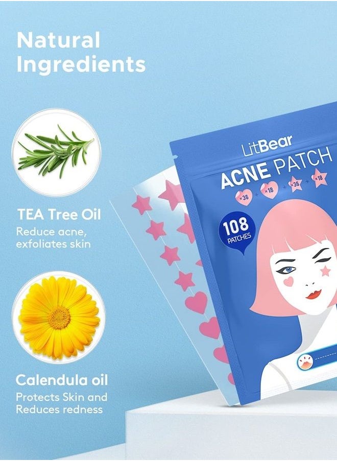 LitBear - Acne Patch Pimple Patch, Pink Heart & Star Shaped Absorbing Cover Hydrocolloid Patches For Face Zit, Acne Dots, Tea Tree Oil + Centella (108 Count (Pack of 1)) - Image 1
