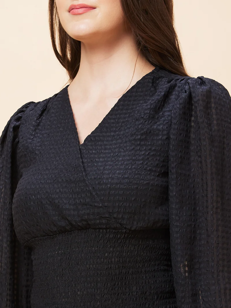 globus Women Self Designed Smocked Detailed V-Neck Puff Sleeves Top