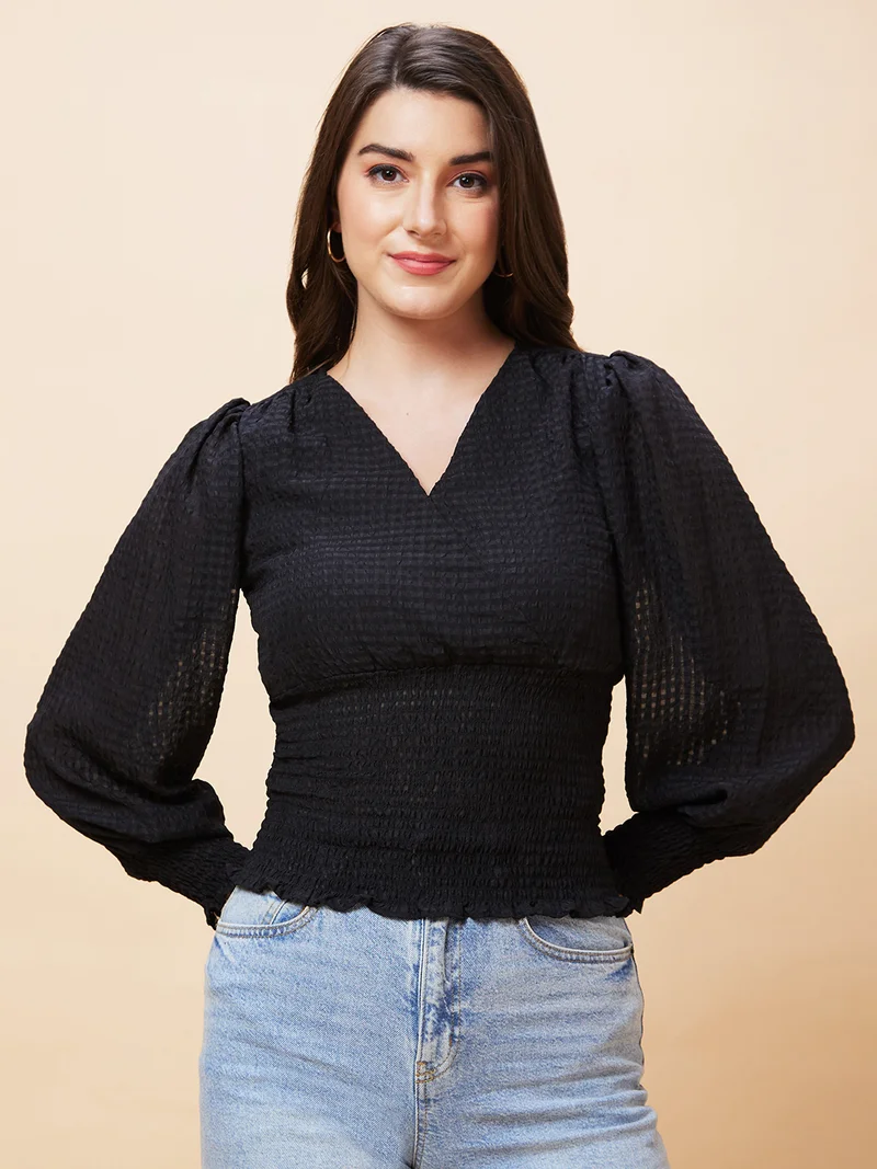 globus Women Self Designed Smocked Detailed V-Neck Puff Sleeves Top