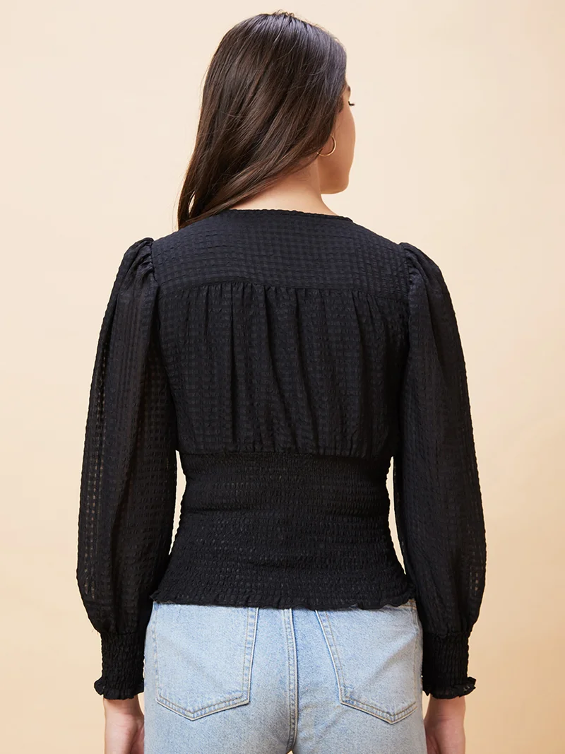 globus Women Self Designed Smocked Detailed V-Neck Puff Sleeves Top
