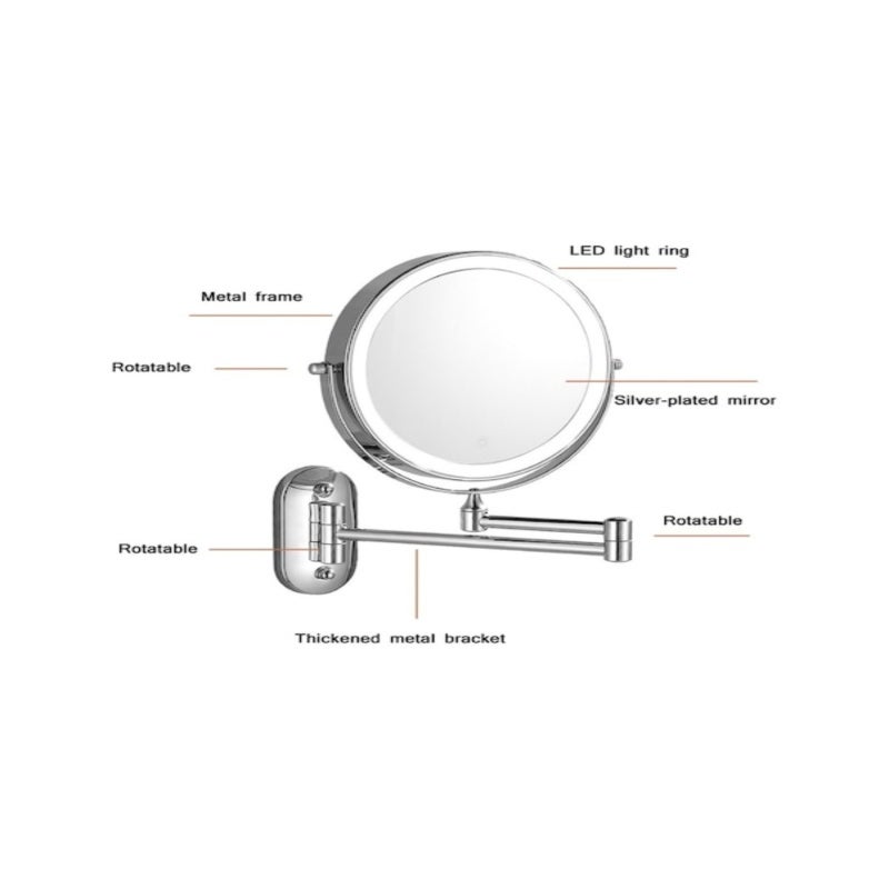 Wall-Mounted Mirror 35*31*5cm 10x Magnification & High-Definition Double-Sided - 360° Rotating Retractable Arm & 54 Dimmable 3-Color LED Lights Rechargeable Mirror for Bathroom Makeup Hotel Beauty Use - Image 3