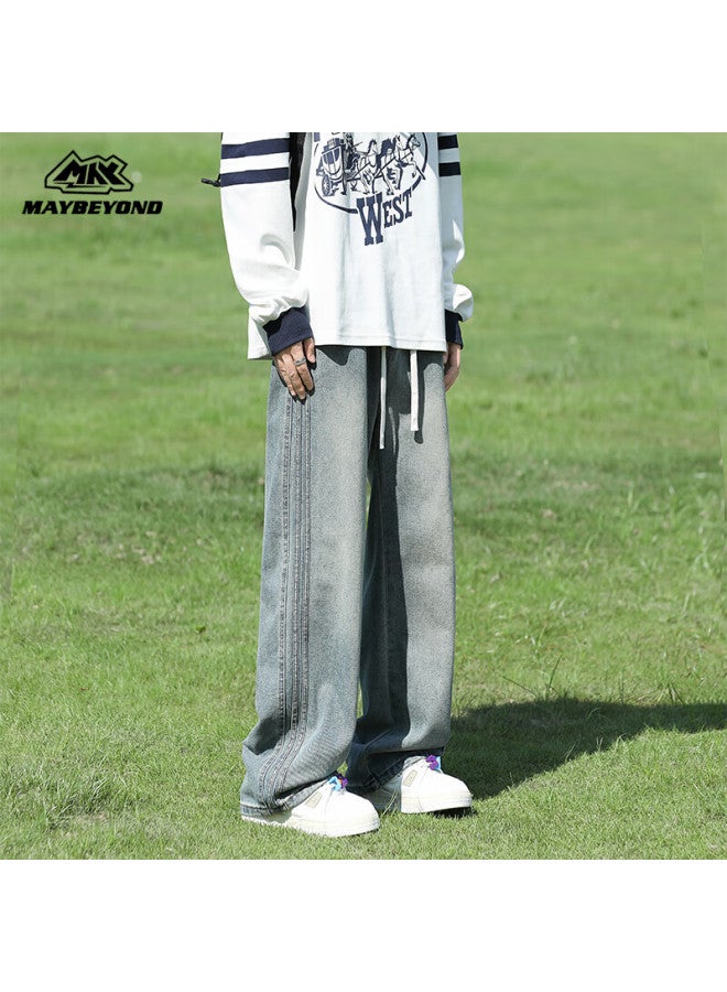 Maybeyond Men's Autumn And Winter American High Street Fashion Brand Wide Leg Loose Straight Jeans Ma59 Blue XL - Image 5