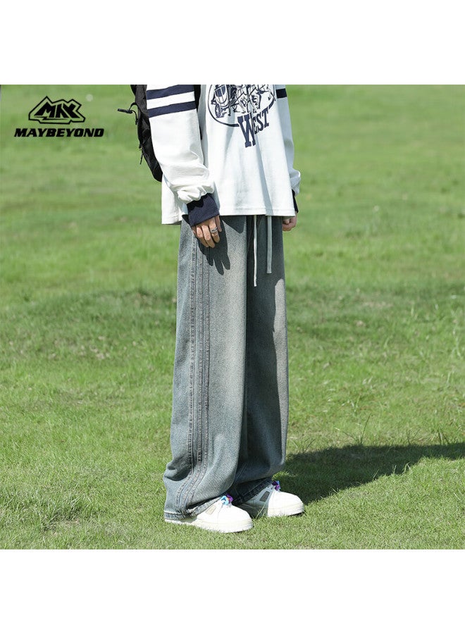 Maybeyond Men's Autumn And Winter American High Street Fashion Brand Wide Leg Loose Straight Jeans Ma59 Blue XL - Image 3