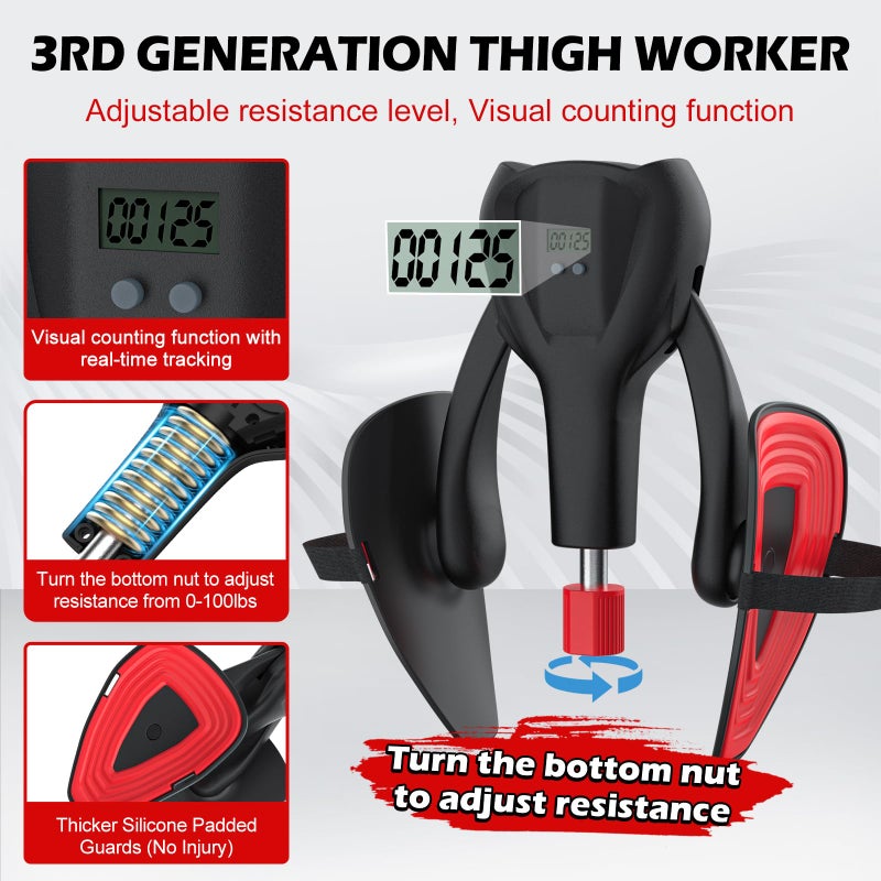 Thighaction 3rd Gen Thigh-Train 0-100 lbs Adjustable Resistance Inner Thigh Train Exercising Counter with Leg Straps Band Pelvic Floor Kegel Hip Exercise Workout Equipment Pilates Women Men (Black) - Image 2