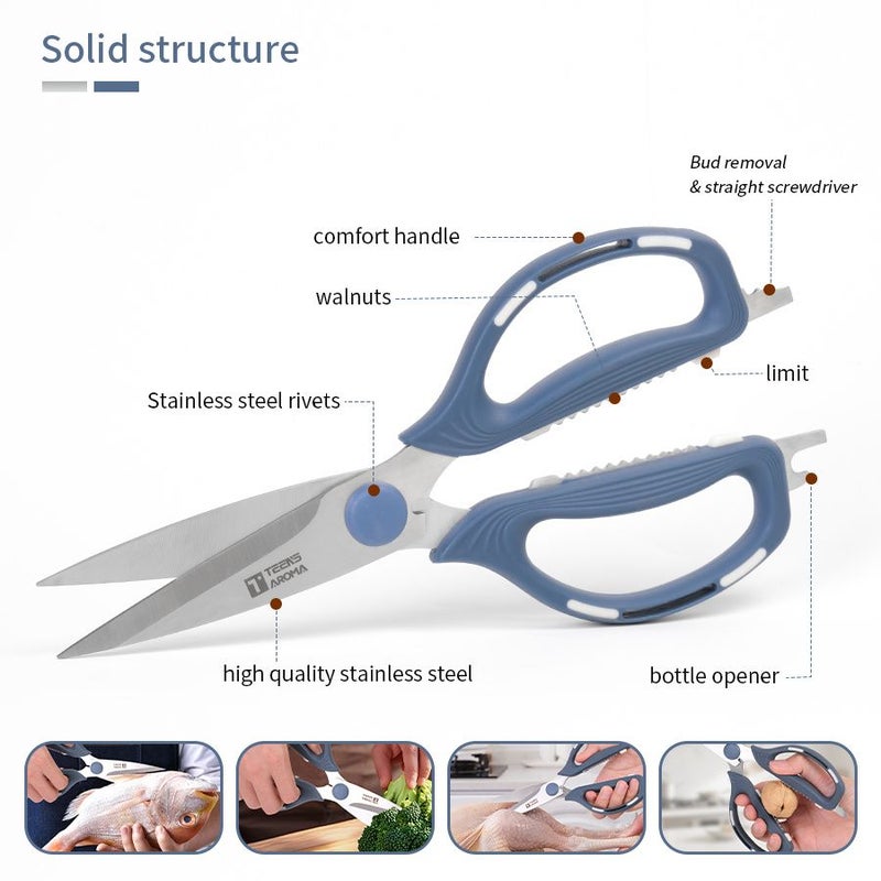 Set Of 2 Multifunctional Kitchen Scissors Heavy Duty Professional Scissors For Food Preparation Cooking Home Office Crafting Sewing Gardening Blue And Golden - Image 5