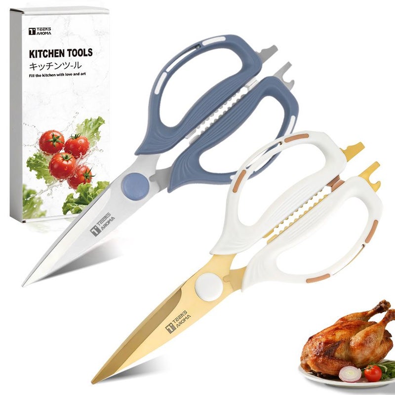 Set Of 2 Multifunctional Kitchen Scissors Heavy Duty Professional Scissors For Food Preparation Cooking Home Office Crafting Sewing Gardening Blue And Golden - Image 1