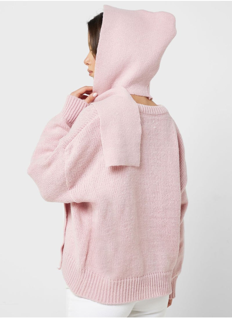 ELLA - Tie Detail Sweater With Hoodie - Image 1