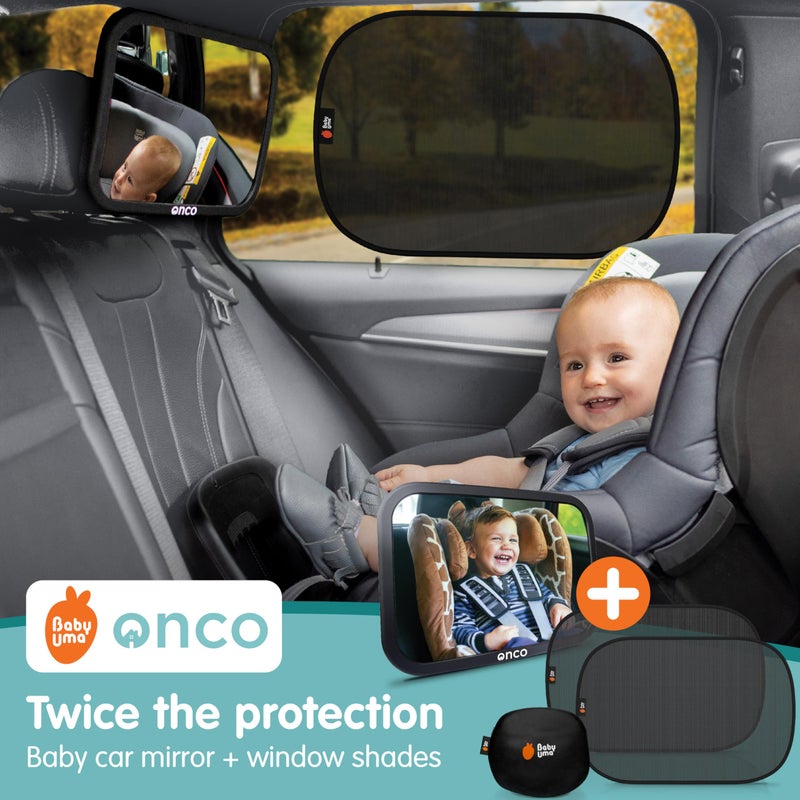 Onco Baby Car Mirror & Car Window Shades Bundle (18.9â€³ Ã— 12â€³) - UPF 50+ Window Shade, 100% Shatter-Proof Car Mirror for Baby, Universal Shades & Mirror - Image 2