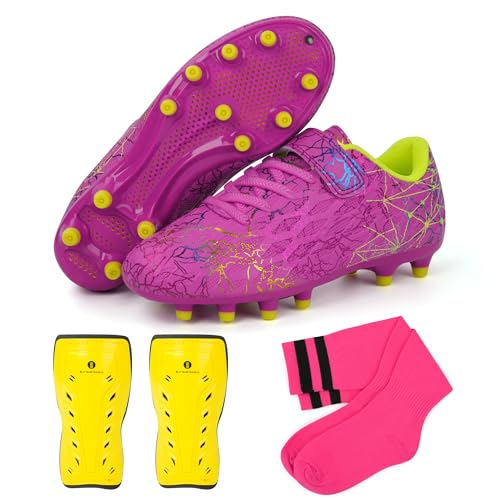 brooman Kids Firm Ground Soccer Cleats Girls Football Cleats with Shin Guards and Soccer Socks (8,Magenta) - Image 1
