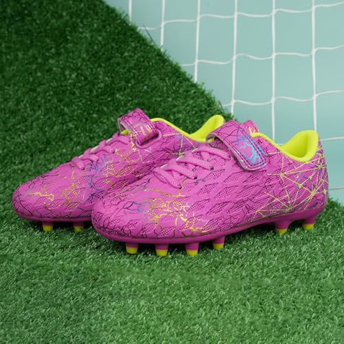 brooman Kids Firm Ground Soccer Cleats Girls Football Cleats with Shin Guards and Soccer Socks (8,Magenta) - Image 3