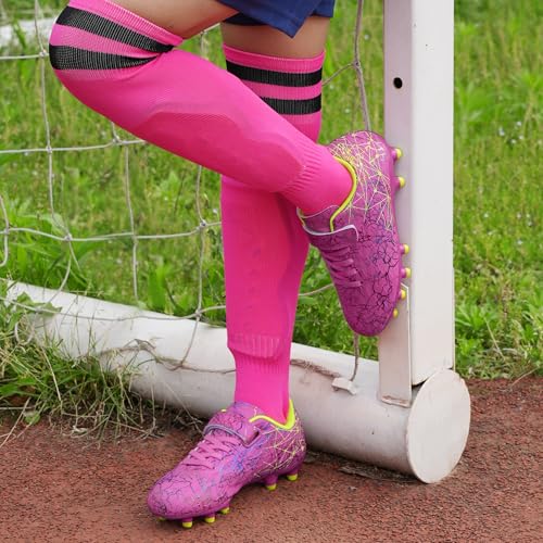 brooman Kids Firm Ground Soccer Cleats Girls Football Cleats with Shin Guards and Soccer Socks (8,Magenta) - Image 2