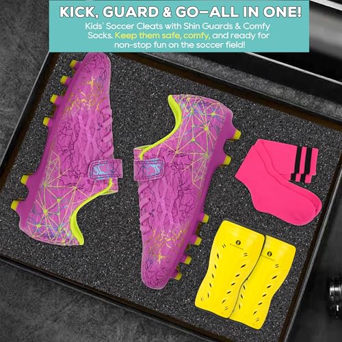brooman Kids Firm Ground Soccer Cleats Girls Football Cleats with Shin Guards and Soccer Socks (8,Magenta) - Image 5