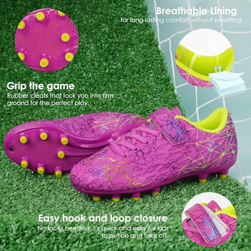 brooman Kids Firm Ground Soccer Cleats Girls Football Cleats with Shin Guards and Soccer Socks (8,Magenta) - Image 4