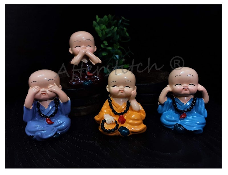AFTERSTITCH Monks Set 4 Big Size Cute Baby Monk Buddha Idols Statues Showpiece Wearing Mala for Car Dashboard Home Dcor Decoration Gifting Purpose - Image 2