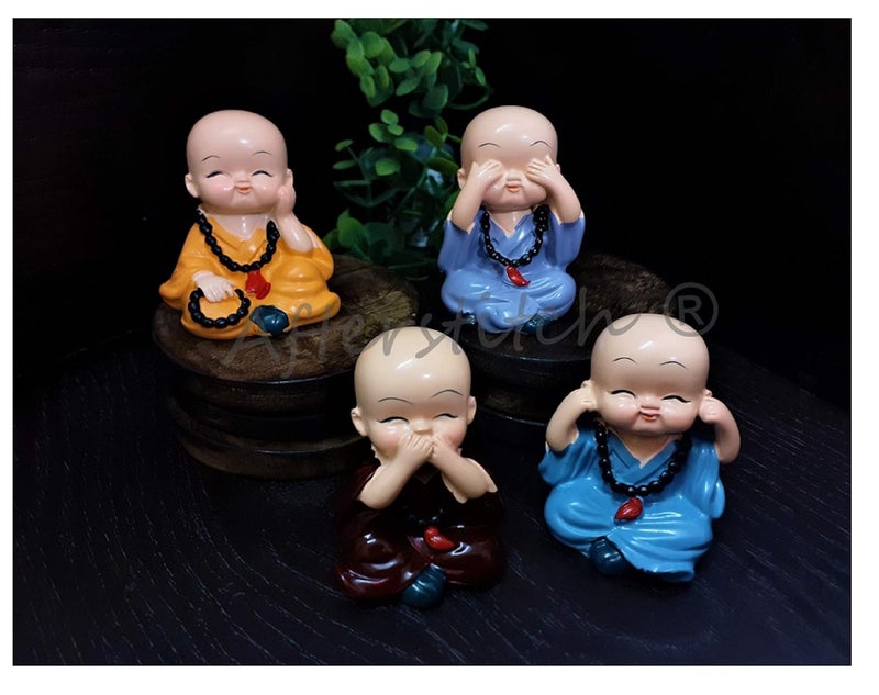 AFTERSTITCH Monks Set 4 Big Size Cute Baby Monk Buddha Idols Statues Showpiece Wearing Mala for Car Dashboard Home Dcor Decoration Gifting Purpose - Image 1