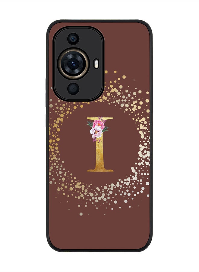Stylizedd Rugged Black Edge case for Huawei nova 11 Pro,Slim fit Flexible Cover - Custom Monogram Initial Letter Floral Pattern Alphabet - I (Brown ) - Image 1