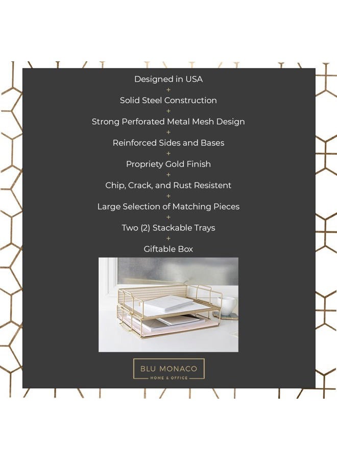Blu Monaco Gold Desk Organizer Stackable Paper Tray Set of 2 - Metal Wire Two Tier Tray - Stackable Letter Tray - Inbox Tray for Desk - Image 3