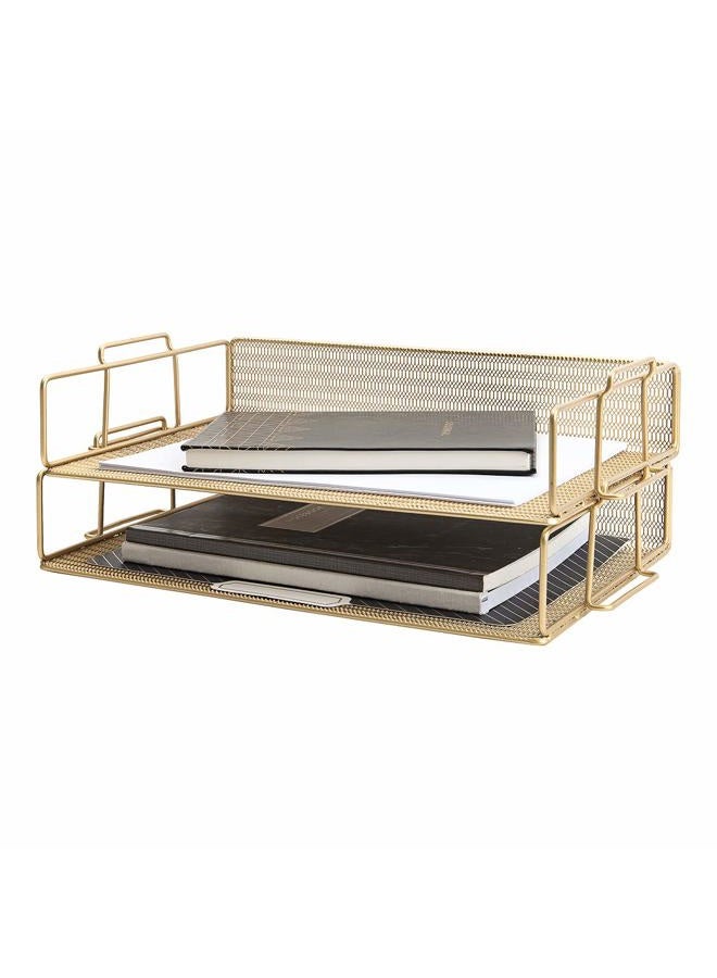 Blu Monaco Gold Desk Organizer Stackable Paper Tray Set of 2 - Metal Wire Two Tier Tray - Stackable Letter Tray - Inbox Tray for Desk - Image 1