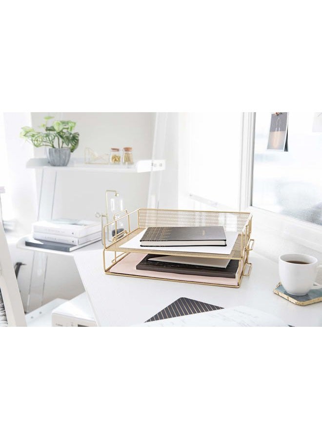 Blu Monaco Gold Desk Organizer Stackable Paper Tray Set of 2 - Metal Wire Two Tier Tray - Stackable Letter Tray - Inbox Tray for Desk - Image 2