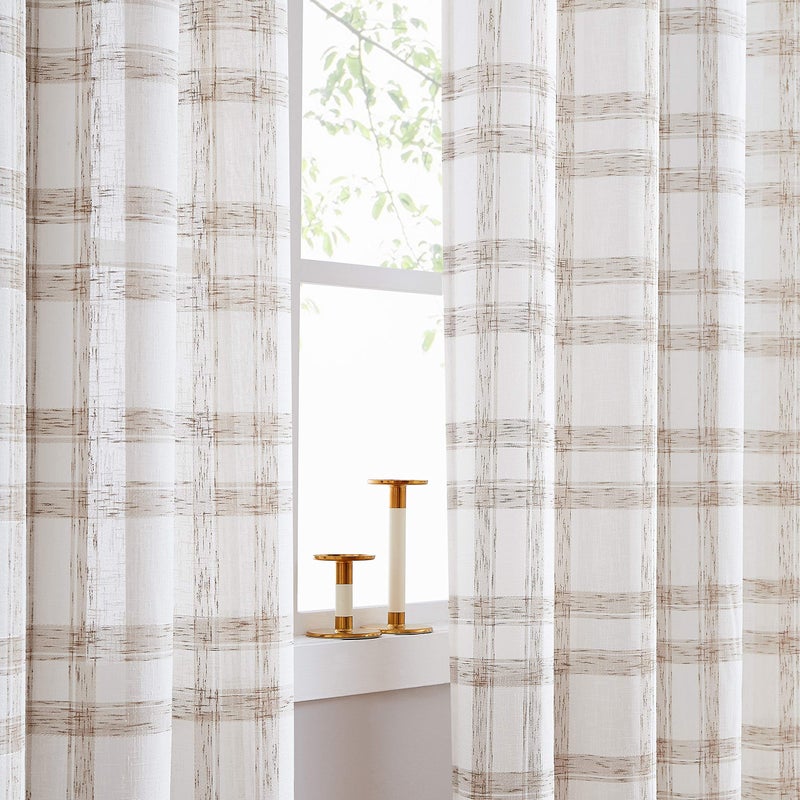 Randall Linen Window Curtain Panel Pairs for Living Room 63 Long Geometric Check Grommets Top Semi Sheer Window Treatment Heavy Rustic Farmhouse Style Drapes for Bedroom 54x63x2 Brown White