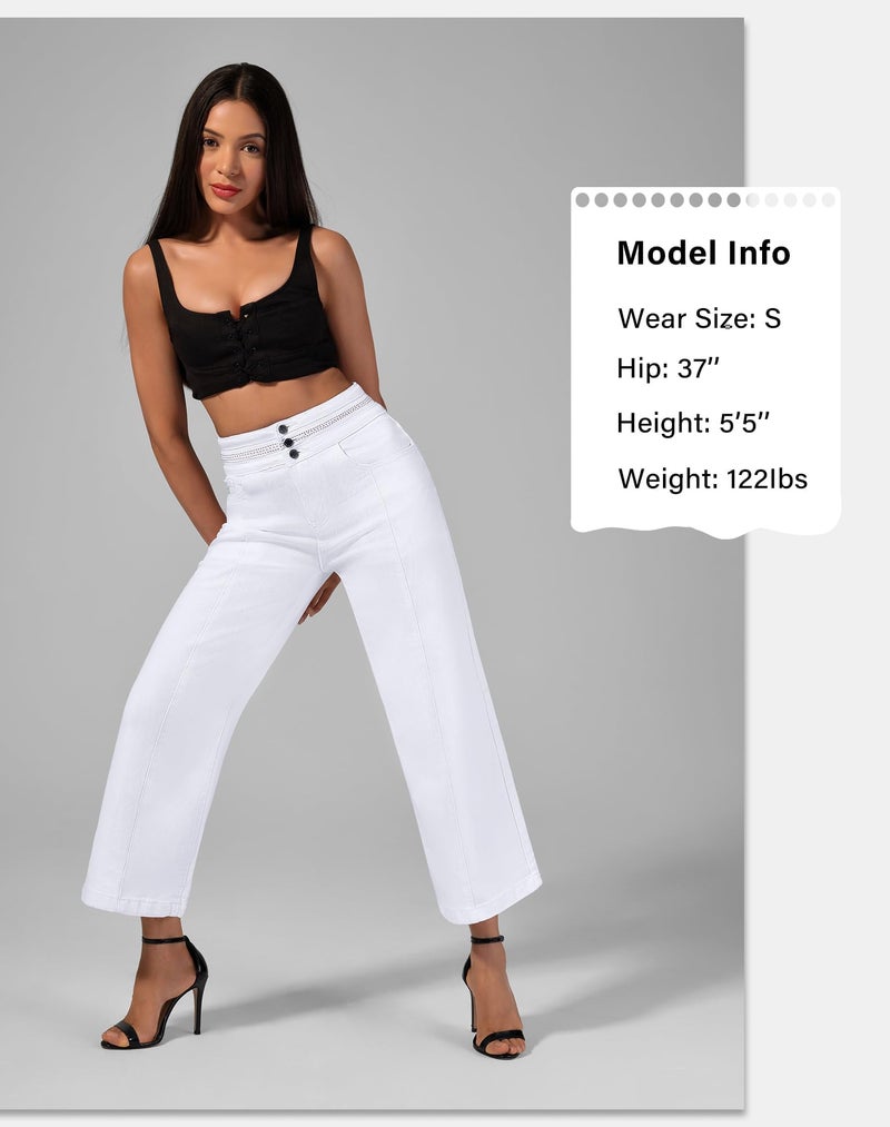 roswear Women's Wide Leg Petite Jeans High Waisted Stretchy Cropped Denim Pants White Medium - Image 5