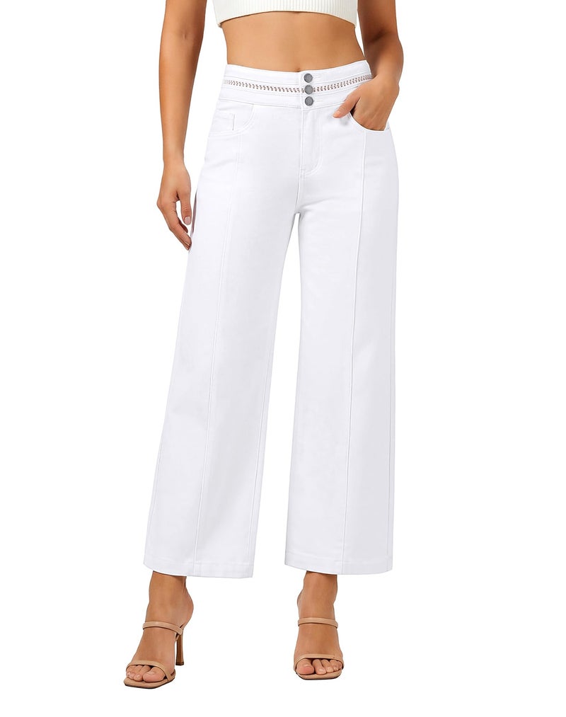roswear Women's Wide Leg Petite Jeans High Waisted Stretchy Cropped Denim Pants White Medium - Image 1